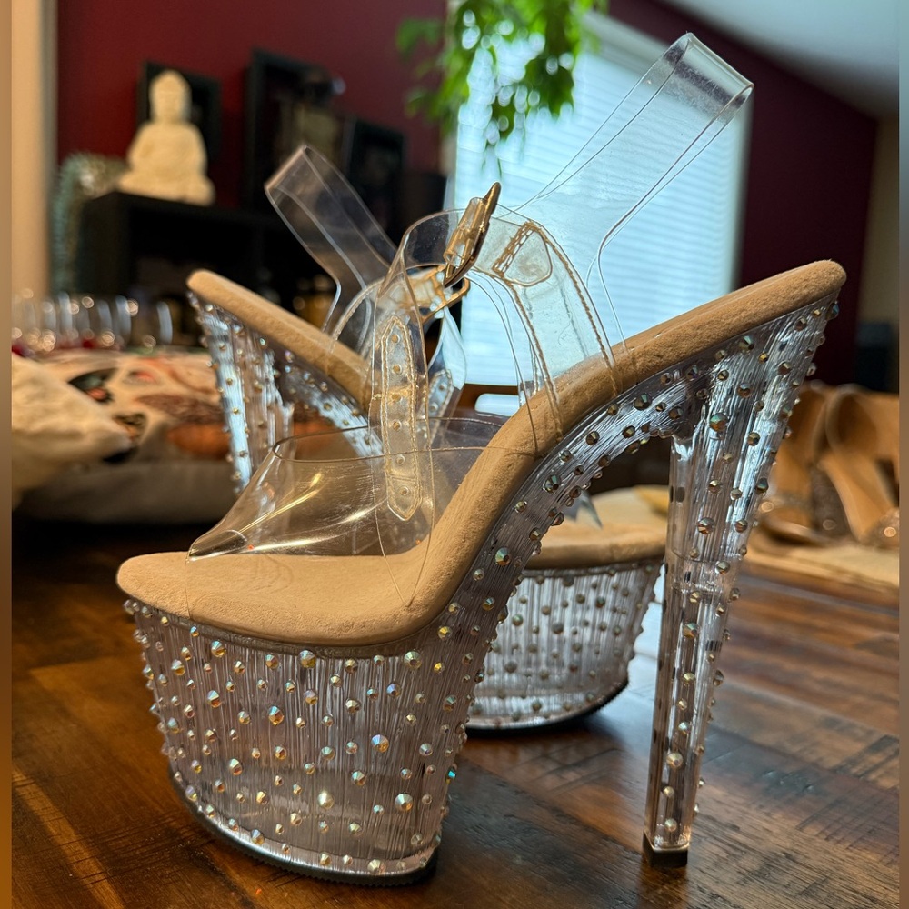 🔥 NWOT Pleaser Stardance Heels sz 7 Clear with Rhinestones! Sparkles Barbie✨ - Picture 3 of 11